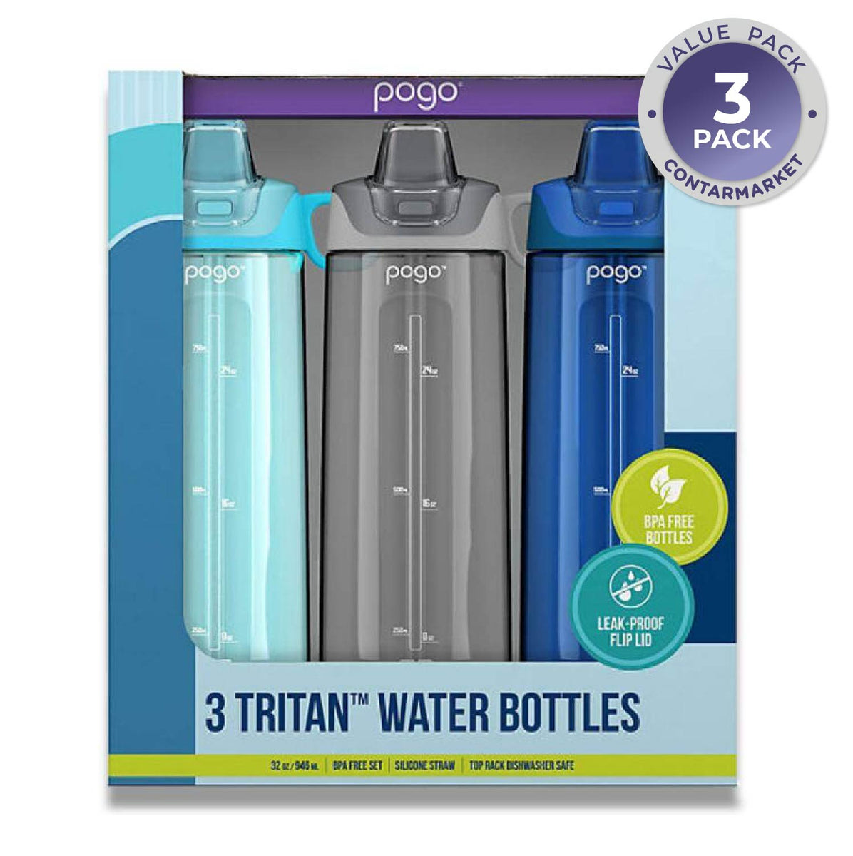 Pogo 32 oz Tritan Water Bottles, Assorted Colors - 3 Pack
