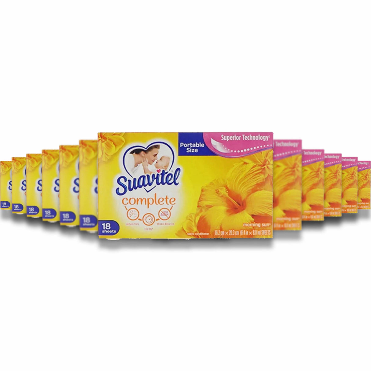 Suavitel - Fabric Conditioner, Morning Sun, Portable Size - 18 Sheets - 15 Pack