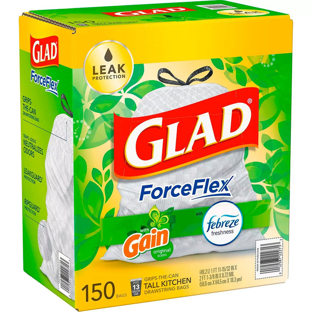 Glad ForceFlex Tall Kitchen 13 Gallon Drawstring Trash Bags Gain Original With Febreze Freshness- 150 Ct (6884695507100)