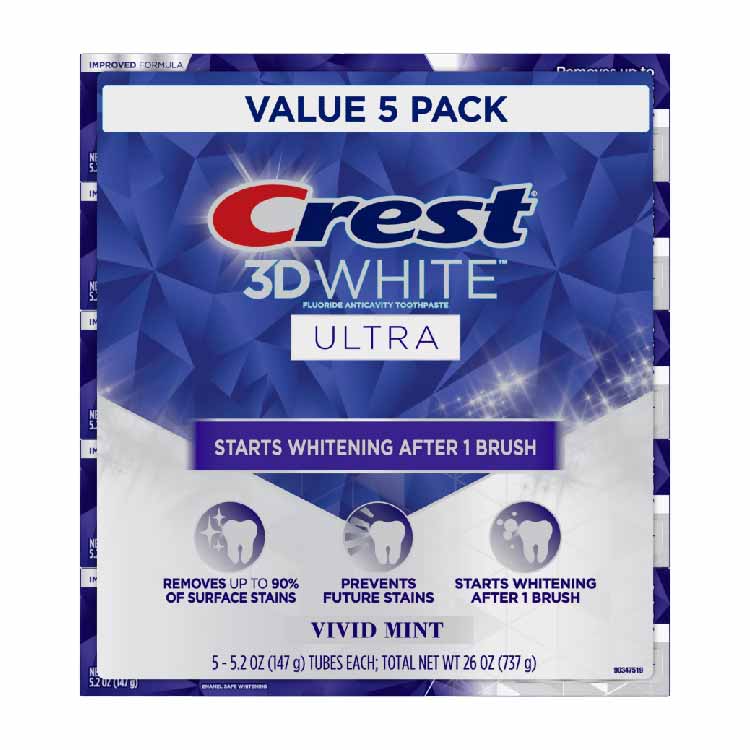 Crest 3D White Ultra Fluoride Anticavity Toothpaste, Vivid Mint -  Bulk - 5 Pack - 5.2oz