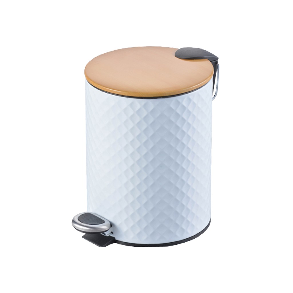 Textured White Stainless Steel Trash Can With Wooden Lid And Soft Closure Contarmarket