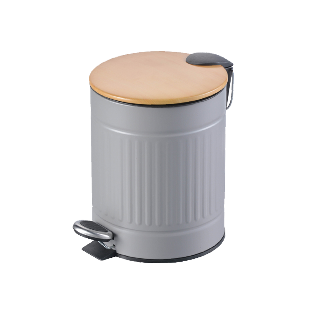Textured Grey Stainless Steel Trash Can With Wooden Lid And Soft Closure Contarmarket