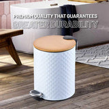 Textured White Stainless Steel Trash Can With Wooden Lid And Soft Closure - 5 Liters (1.3 Gallons)