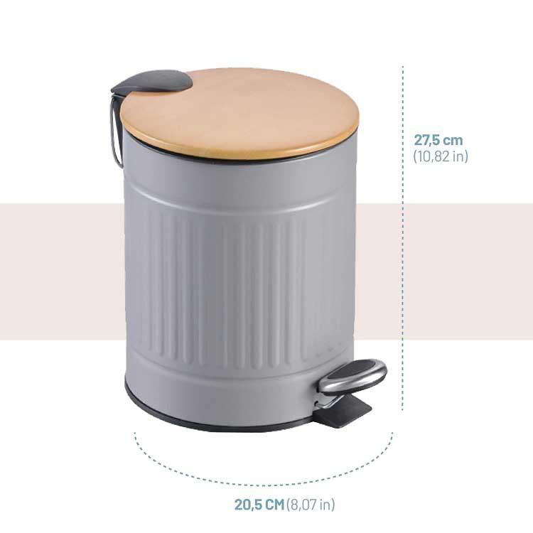 Textured Grey Stainless Steel Trash Can With Wooden Lid And Soft Closure - 5 Liters (1.3 Gallons)