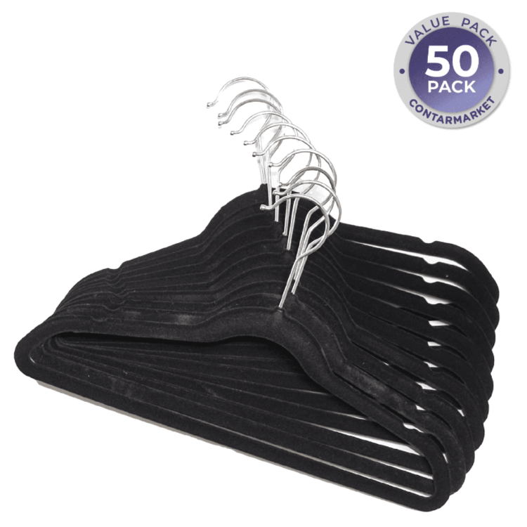 Velvet Adults Clothes Hangers. Non Slip with 360 Degrees Swivel Hook - 50 CT. -Black