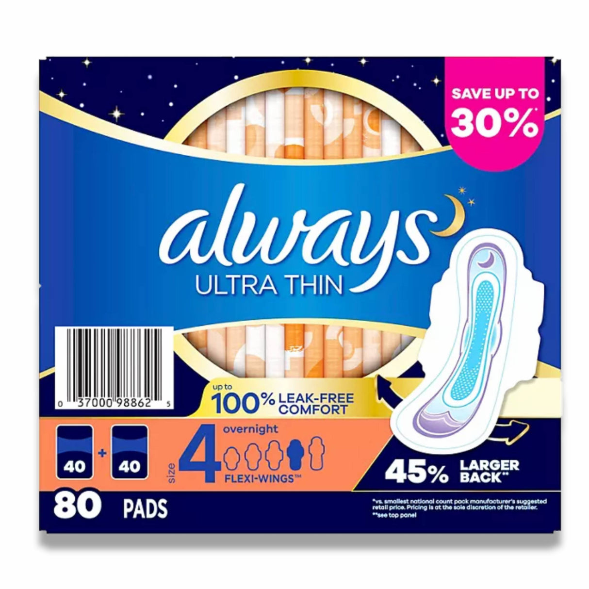 Always - Ultra Thin Size 4 Overnight Pads With Wings, Unscented - 80 Ct