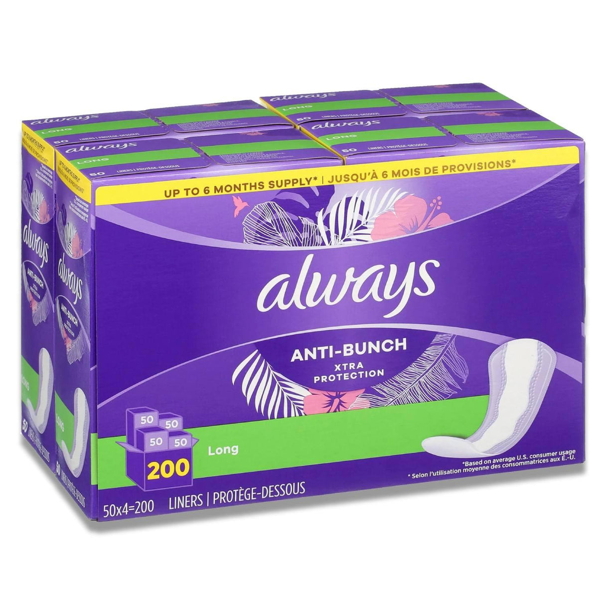 Always - Anti-Bunch Xtra Protection Daily Liners, Long, Unscented - 200 Count