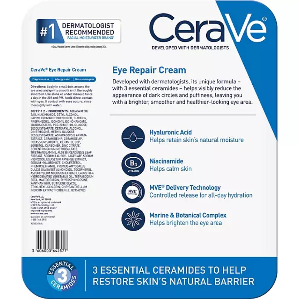 CeraVe - Eye Repair Cream for Dark Circles & Puffiness - 0.5 Oz - 2 Pack