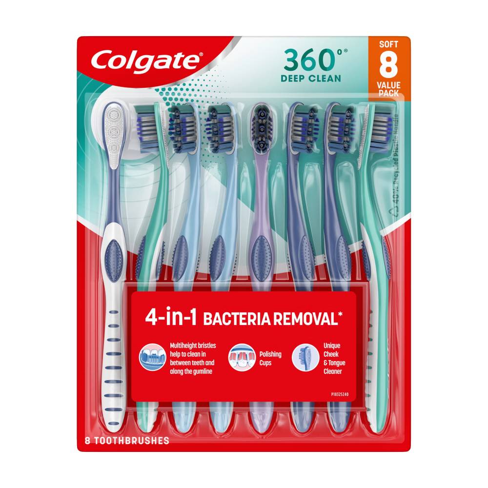 Colgate - 360 Whole Mouth Clean Manual Toothbrush, Adult Soft Toothbrushes - 8 Pack