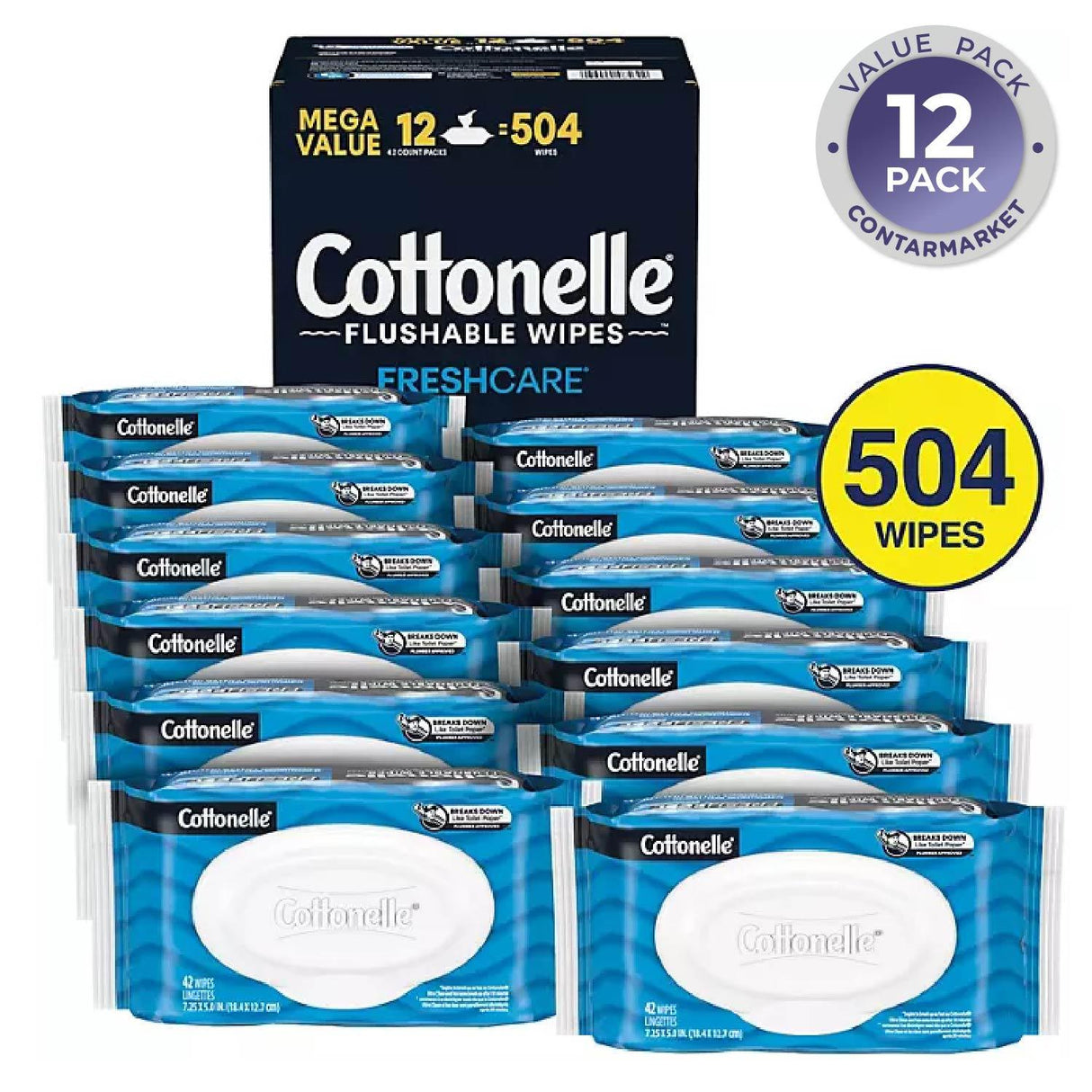 Cottonelle Flushable Wet Wipes, Flip-Top Packs , 504 wipes, 12 Pack