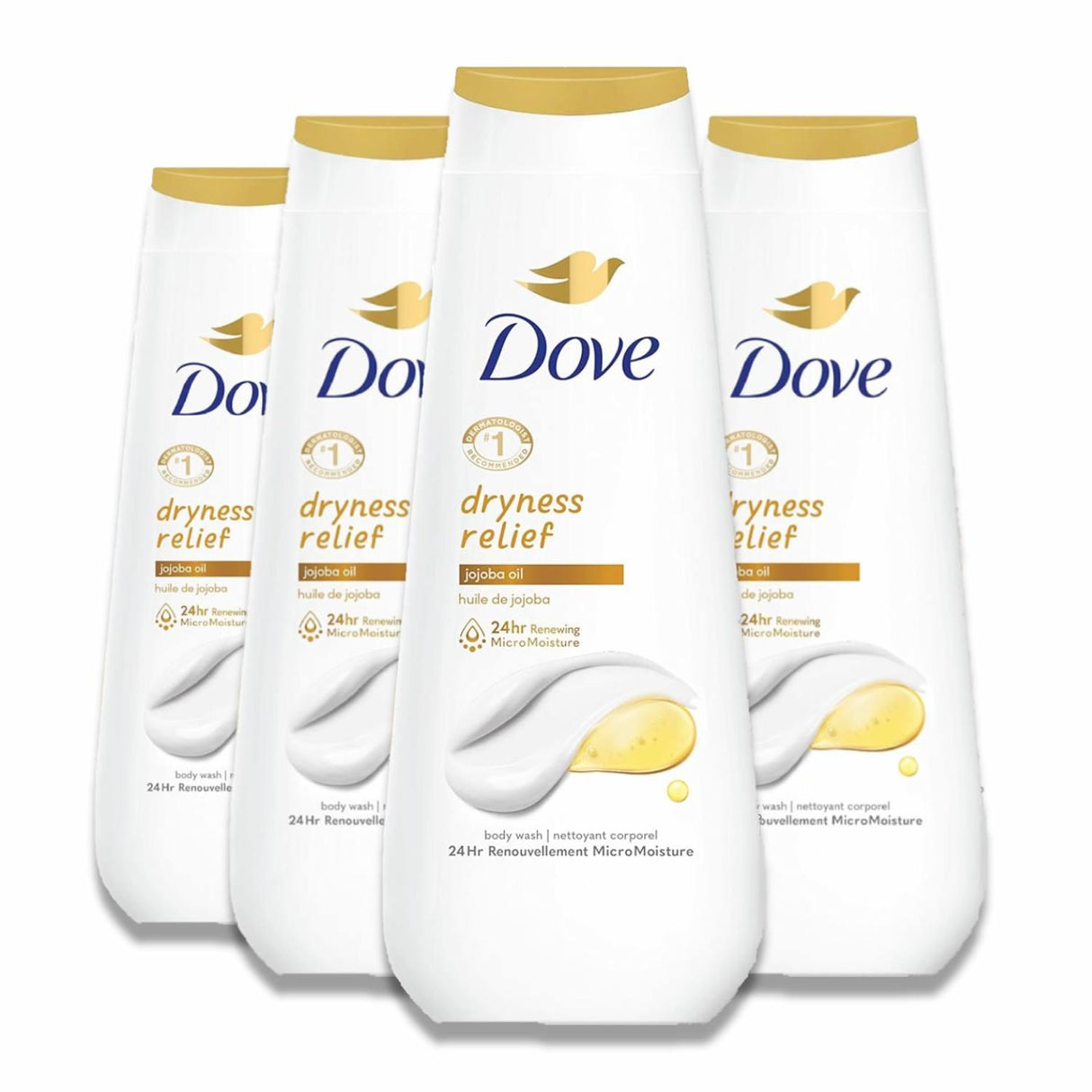 Dove - Body Wash Dryness Relief, Gentle Skin Cleanser, Jojoba Oil - 20 Oz - 4 Pack