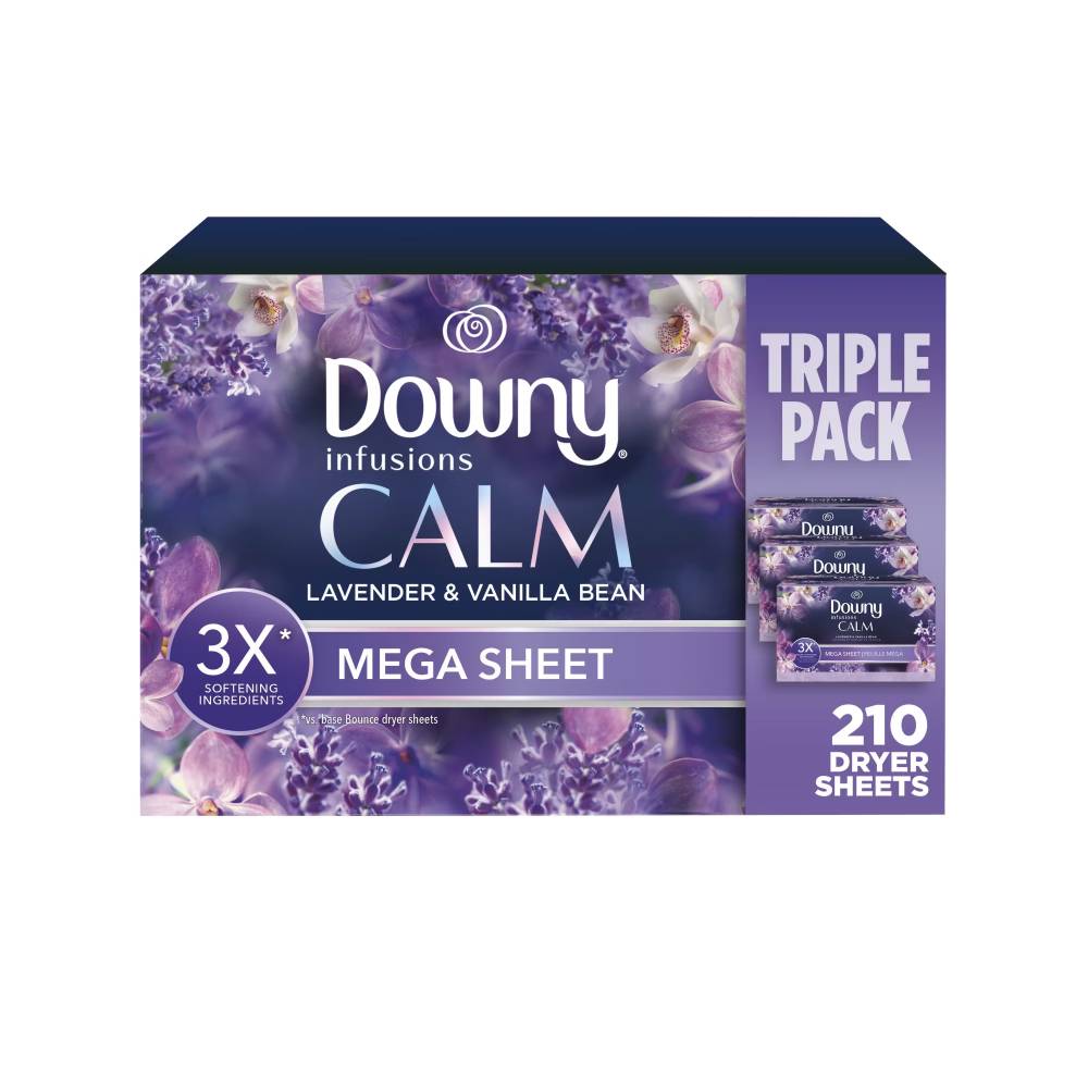 Downy - Infusions Calm Mega Dryer Sheets & Laundry Fabric Softener, Lavender and Vanilla Bean - 210 Count - 3 Pack