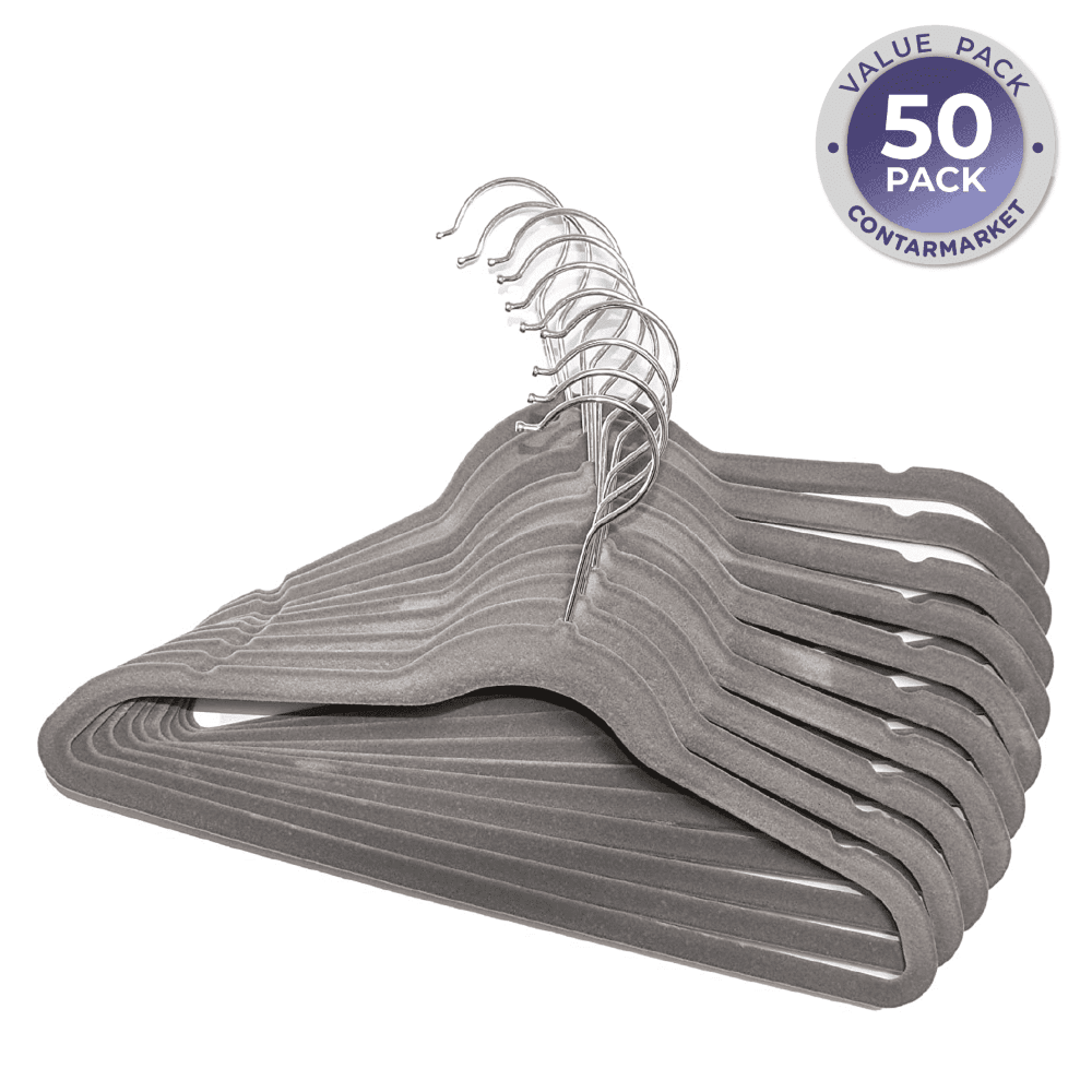 Velvet Adults Clothes Hangers. Non Slip with 360 Degrees Swivel Hook - 50 CT. - Grey