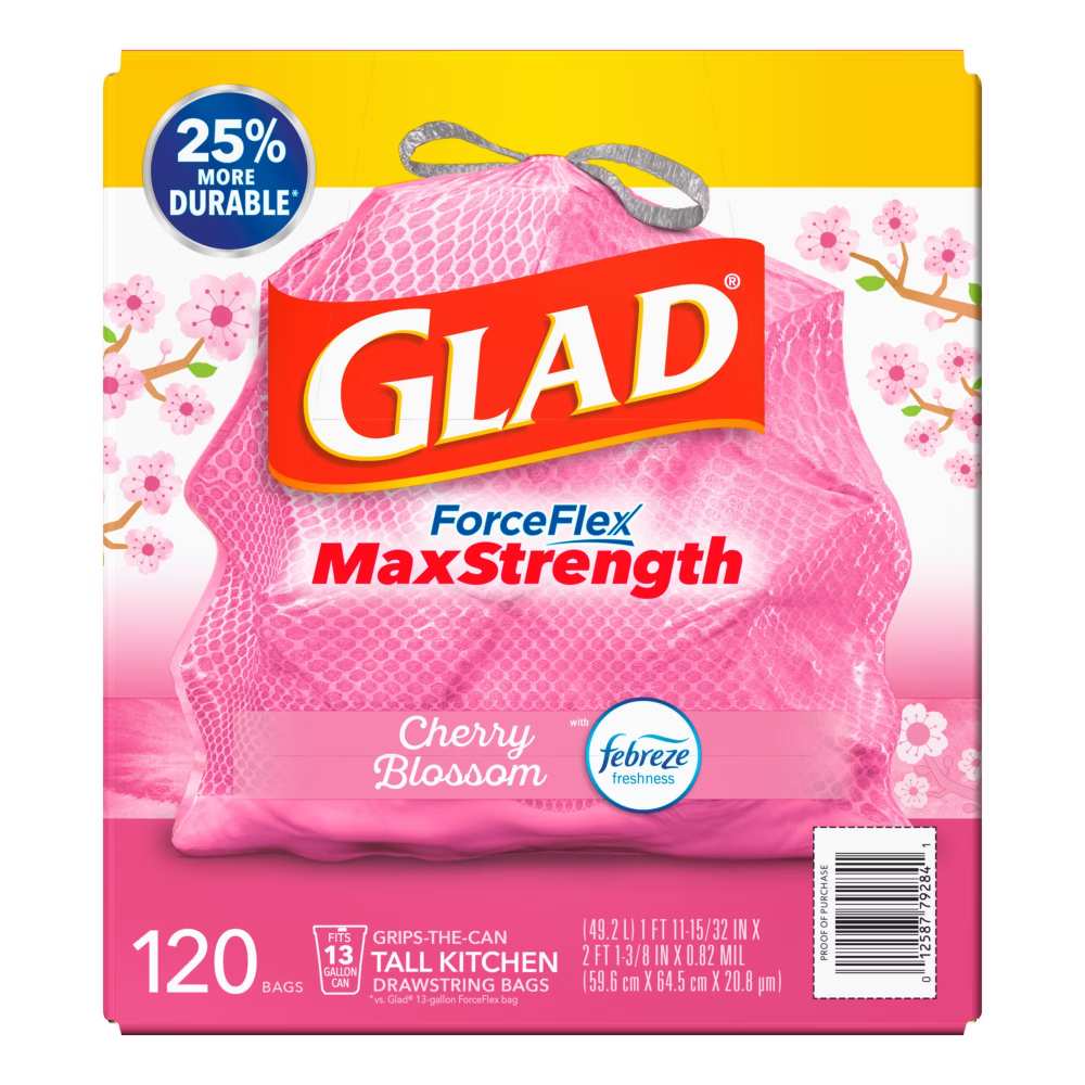 Glad ForceFlex MaxStrength Tall Trash Bags - Cherry Blossom with Febreze Freshness, 120 ct / 13 gal