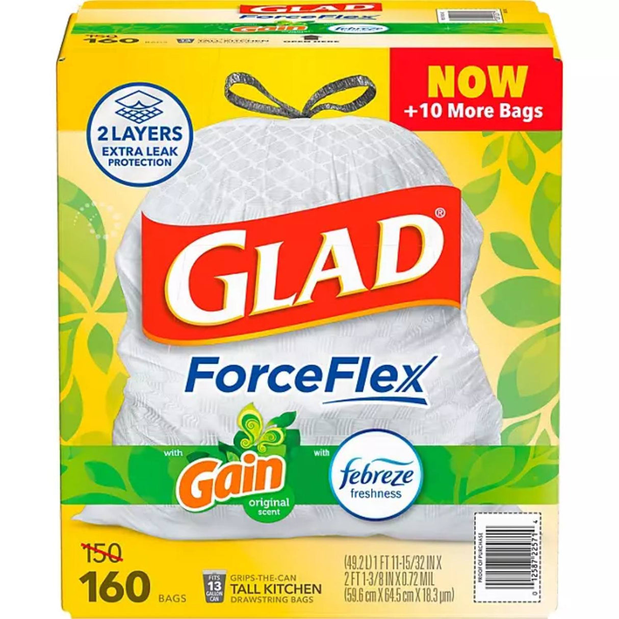 Glad ForceFlex 13-Gallon Kitchen Trash Bags, Gain Original Scent + Febreze - 160 Ct