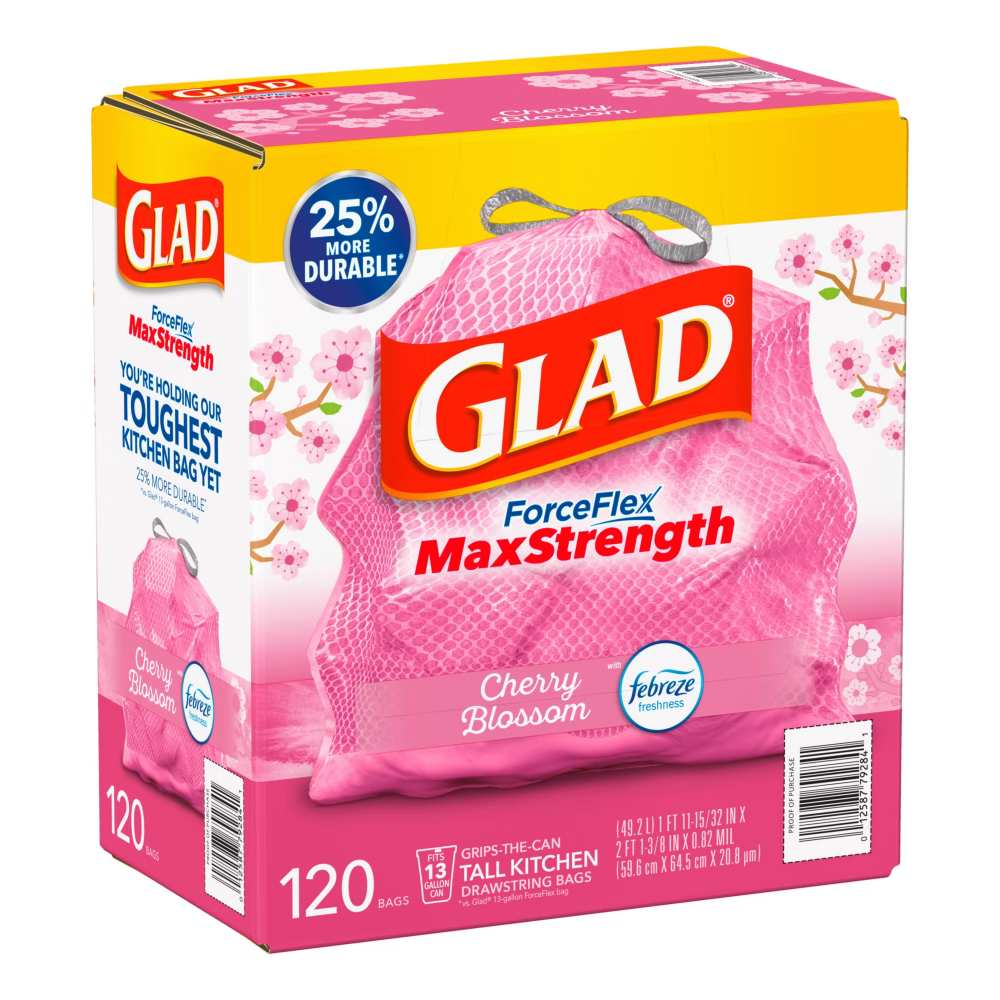 Glad ForceFlex MaxStrength Tall Trash Bags - Cherry Blossom with Febreze Freshness, 120 ct / 13 gal