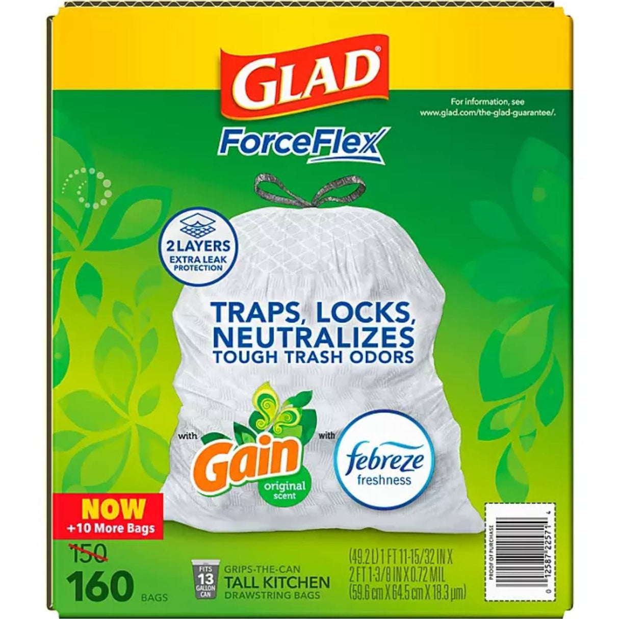 Glad ForceFlex 13-Gallon Kitchen Trash Bags, Gain Original Scent + Febreze - 160 Ct