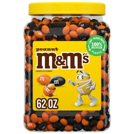 Jar of M&M's Peanut candies with a yellow label and character on a white background