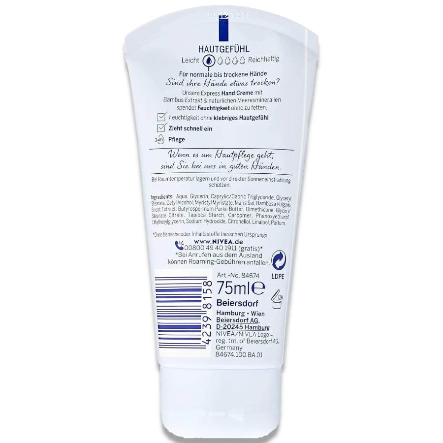 Nivea Express Moisture Hand Cream - Bamboo Extract, 75 ml - 12 Pack Contarmarket