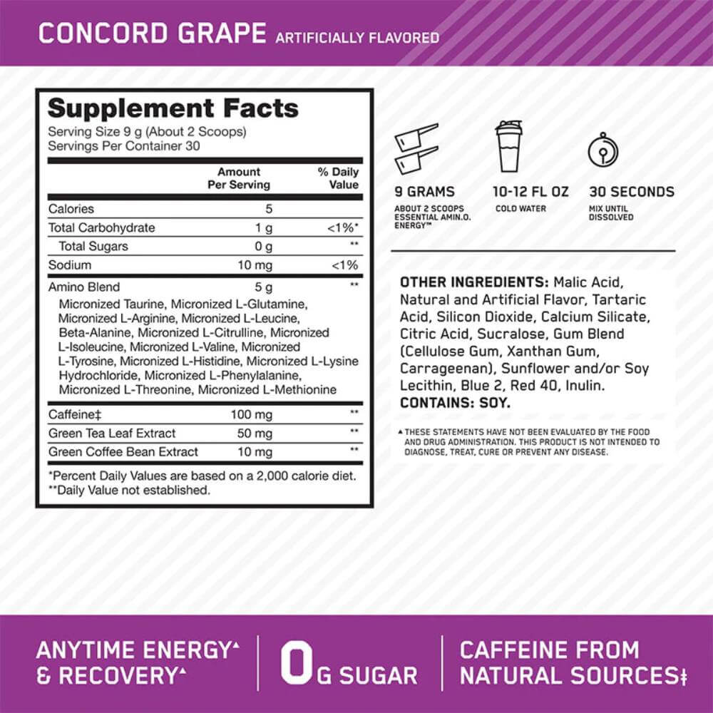 Optimum Nutrition Amino Energy Pre Workout Concord Grape - 9.5 Oz - 6 Pack Contarmarket