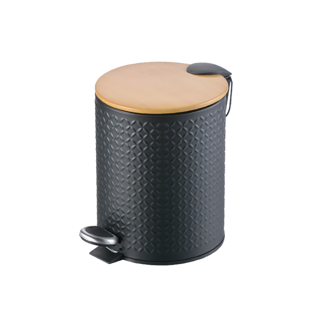 Textured Black Stainless Steel Trash Can With Wooden Lid And Soft Closure Contarmarket