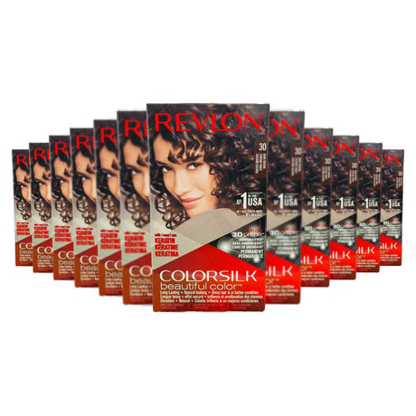Multiple boxes of Revlon Colorsilk hair color on a white background
