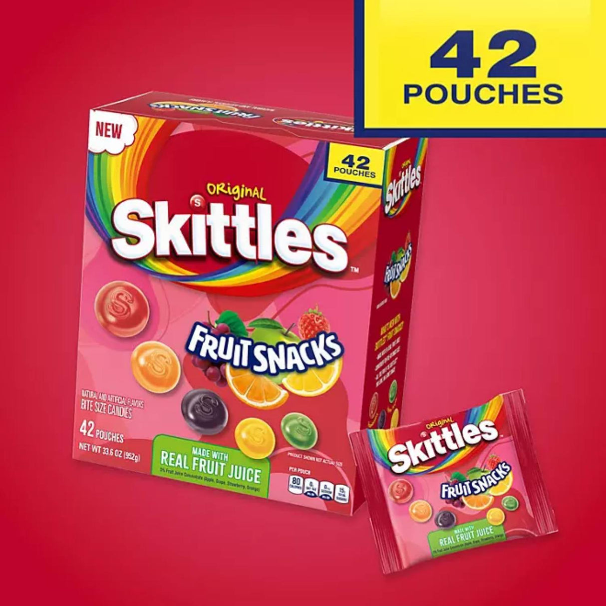 Skittles Original Fruit Snacks - Assorted Flavors, 0.8 oz Pouches, 42 Pack Bulk Candy