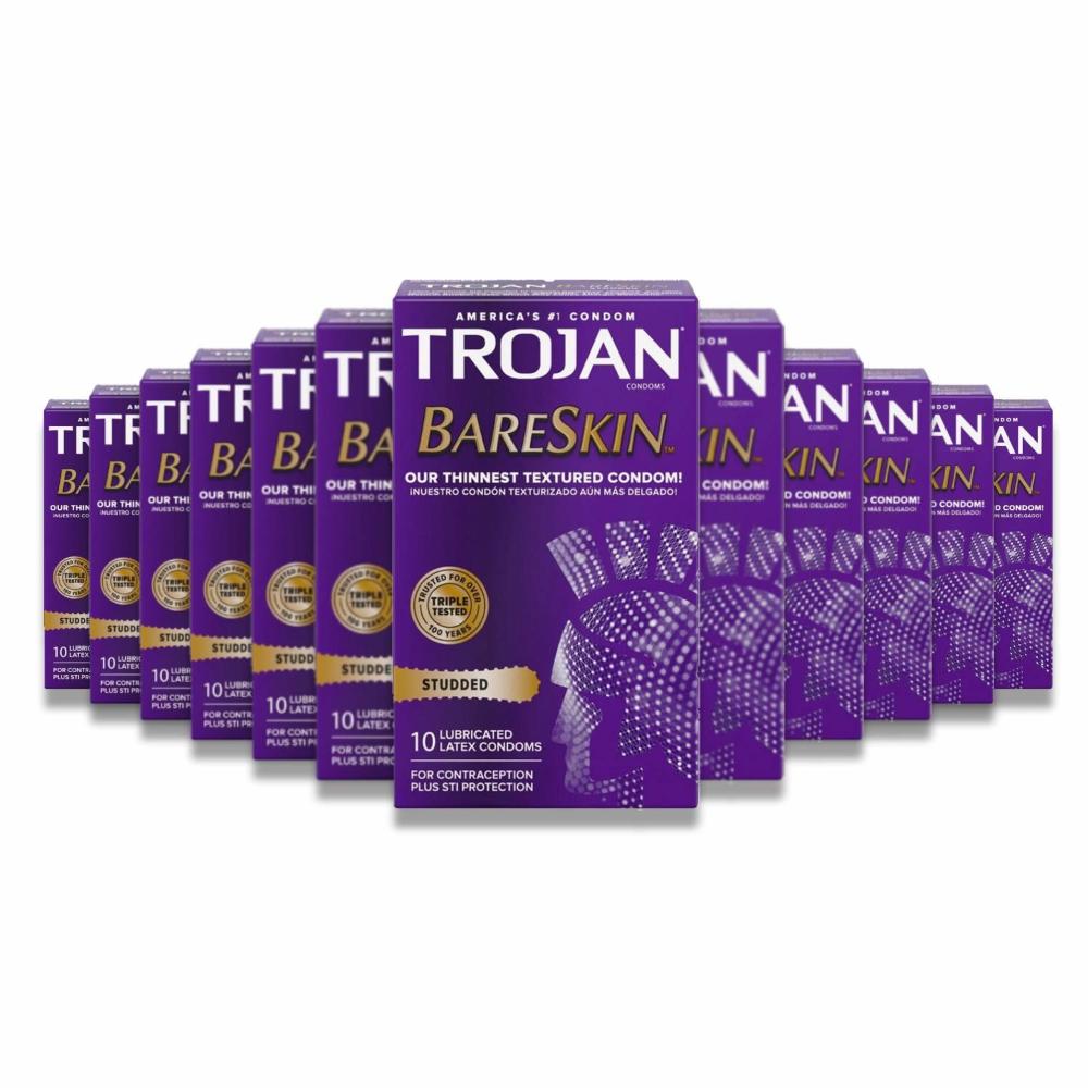 Trojan - Studded Bareskin Lubricated Condoms - 10 Count -  12 Pack