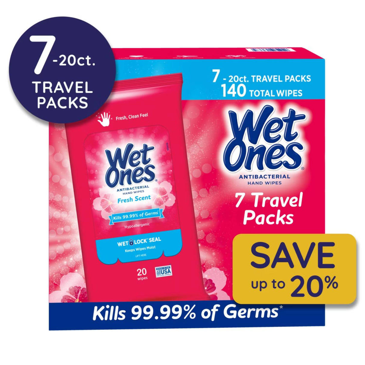 Wet Ones - Antibacterial Hand Wipes Travel Pack, Fresh Scent - 20 Ct - 7 Pack