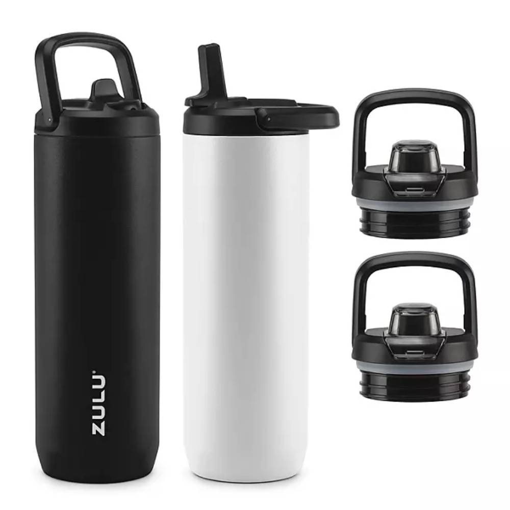 Zulu Base Stainless Steel Water Bottle with Lids, Includes 2 Extra Lids, Color Black/White - 24 Oz Each - 2 Pack