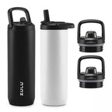 Zulu Base Stainless Steel Water Bottle with Lids, Includes 2 Extra Lids, Color Black/White - 24 Oz Each - 2 Pack