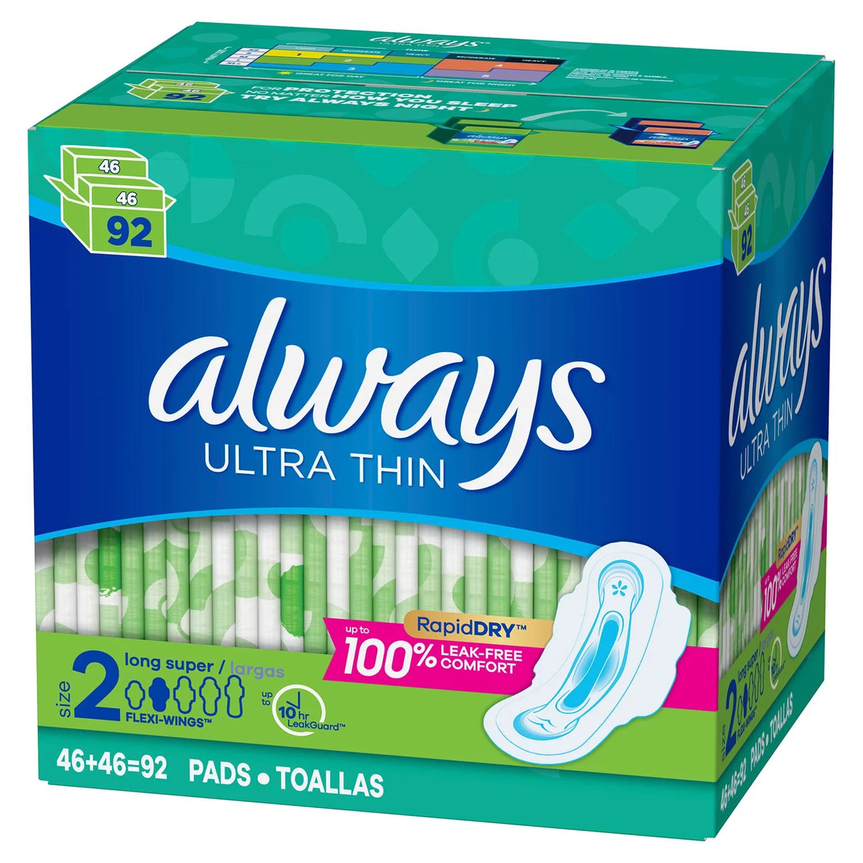 Always Ultra Thin Pads Size 2 Super Long Absorbency Unscented W/Wings 92 ct.