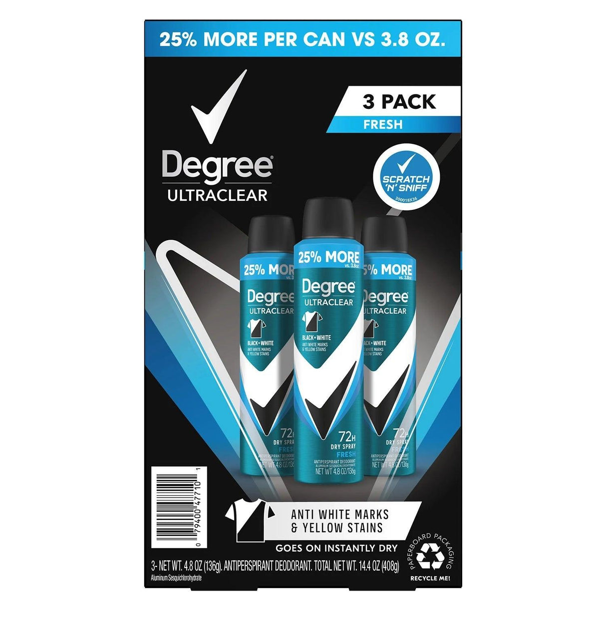 Degree Men Black + White, Antiperspirant Deodorant Dry Spray - 4.8 Oz - 3 Pack