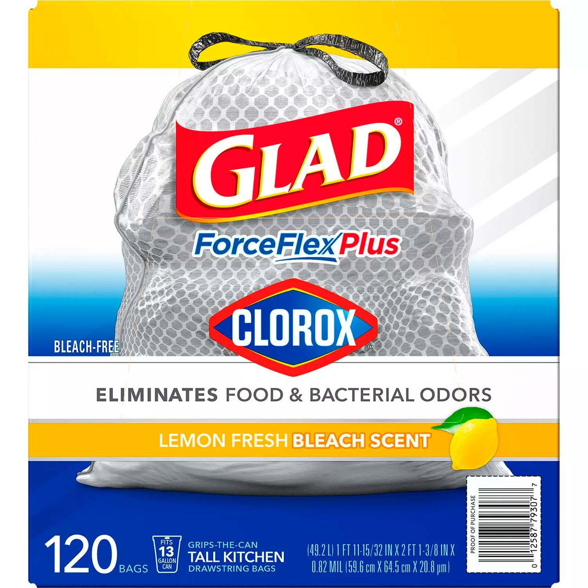 Glad Tall Kitchen Drawstring Grey Trash Bags – ForceFlex Plus With Clorox, Lemon Fresh Bleach Scent - 13 gal. - 120 ct.