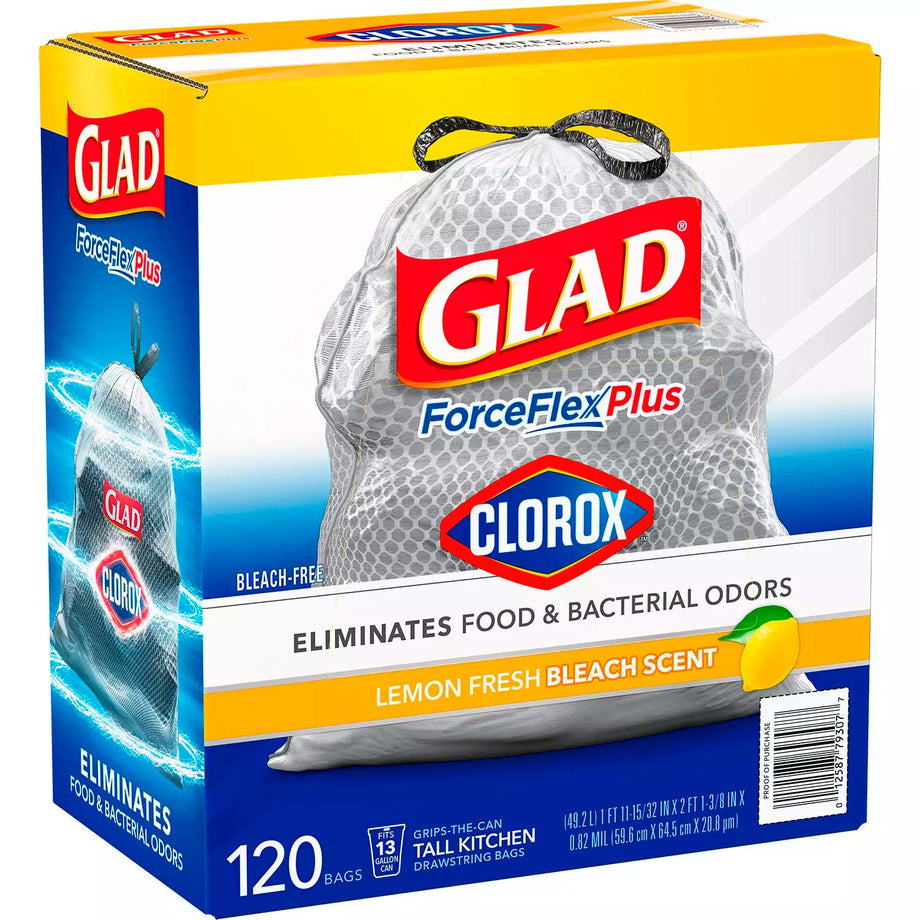 Clorox Glad ForceFlexPlus OdorShield Tall Kitchen Drawstring Trash Bags, 13 gal, 0.9 mil, 24 x 28, White, 204/Carton, CLO70320