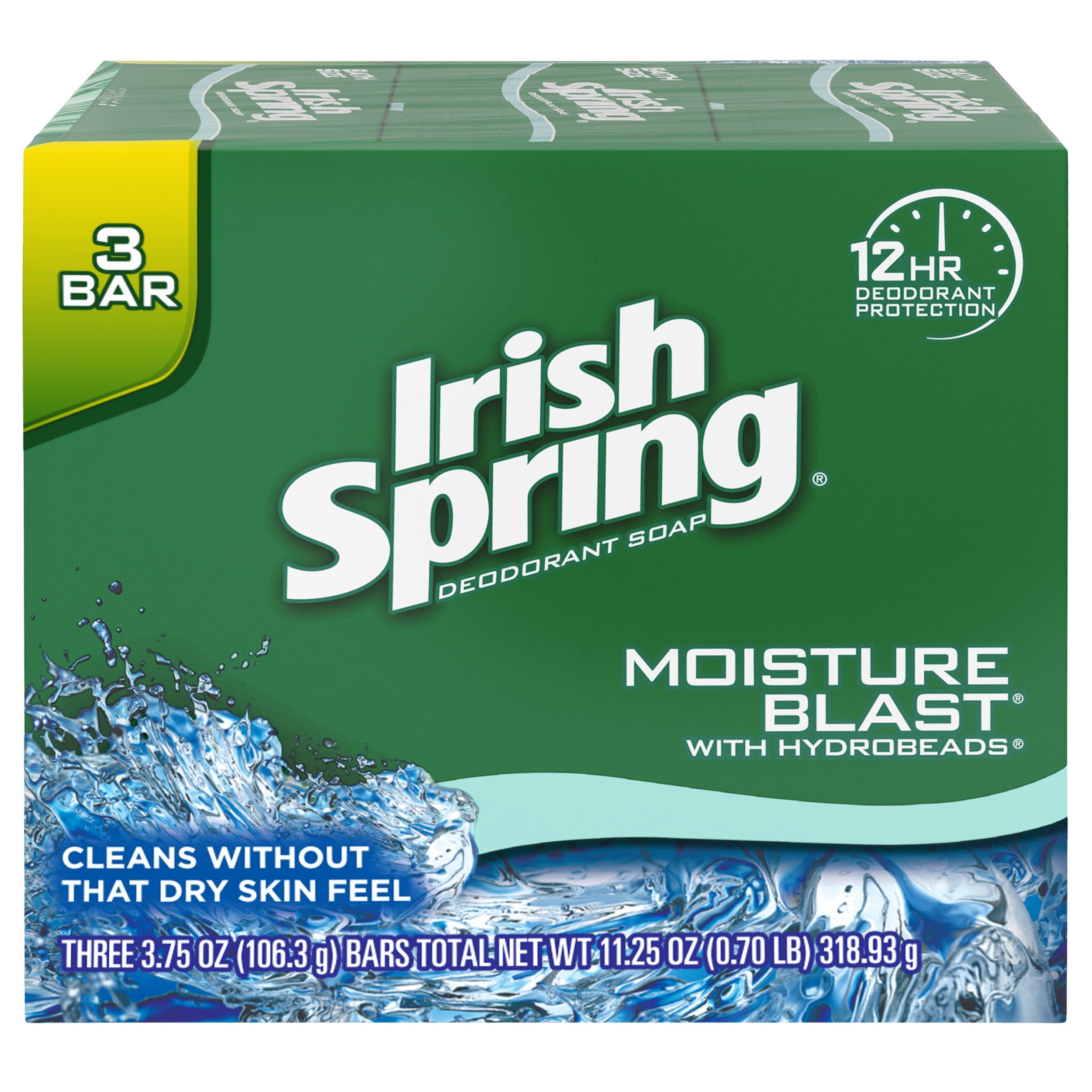 Irish Spring Moisture Blast Deodorant Bar Soap for Men, 3.7 oz, 12 Pack