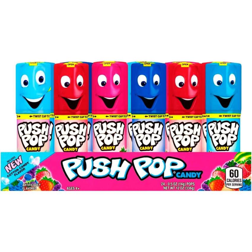 Push Pop Candy Assortment, Blue Raspberry, Watermelon, Strawberry, Cotton Candy and Mystery Flavors - 24 Pack