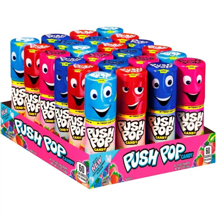 Push Pop Candy Assortment, Blue Raspberry, Watermelon, Strawberry, Cotton Candy and Mystery Flavors - 24 Pack