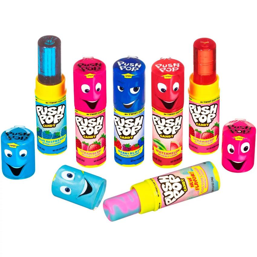 Push Pop Candy Assortment, Blue Raspberry, Watermelon, Strawberry, Cotton Candy and Mystery Flavors - 24 Pack