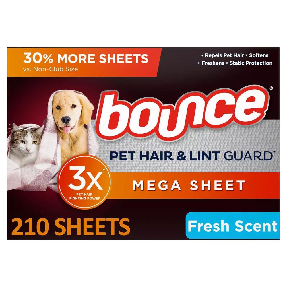 Bounce Pet Hair and Lint Guard Mega Dryer Sheets. Fresh Scent - 210 Sheets