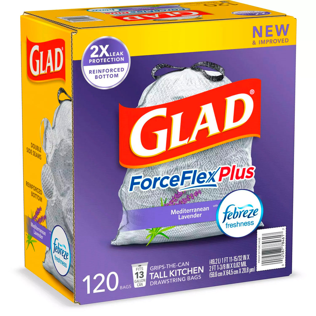 Glad ForceFlex Plus Tall Kitchen 13 Gallon Drawstring White Trash Bags, Mediterranean Lavender - 120 Ct (6106015367324)