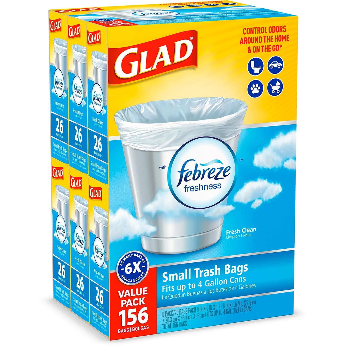 Glad Small Twist-Tie Trash Bags, Febreze Fresh Clean Scent - 4 Gal - 156 Ct (6891218960540)