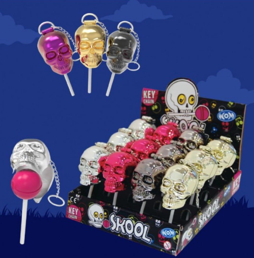 WOM Skool -  Keychains Metallic with the shape of a Skull with a Strawberry Lollipop  - 12 Ct