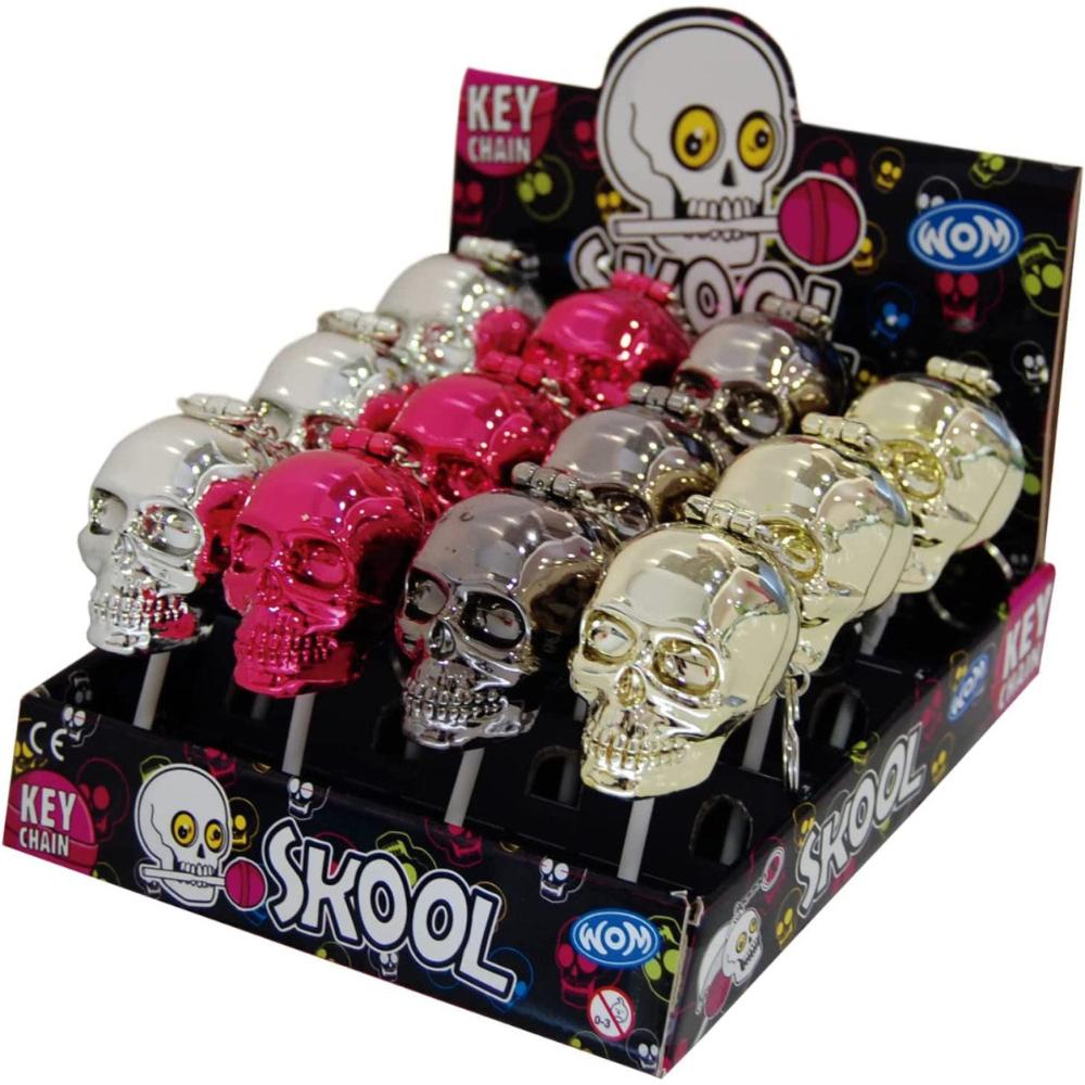 WOM Skool -  Keychains Metallic with the shape of a Skull with a Strawberry Lollipop  - 12 Ct